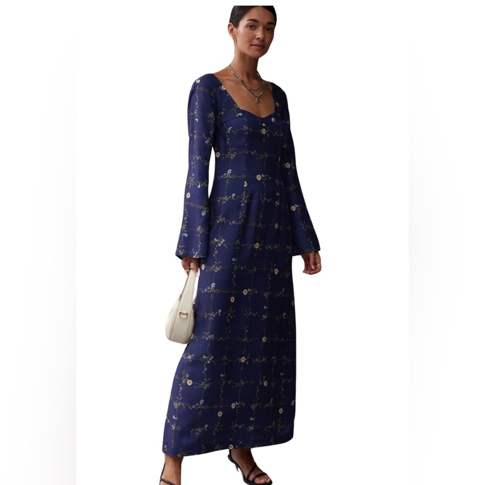 SANCIA Navy Floral Maxi Dress Boho Bell Sleeve Open Back Romantic size L